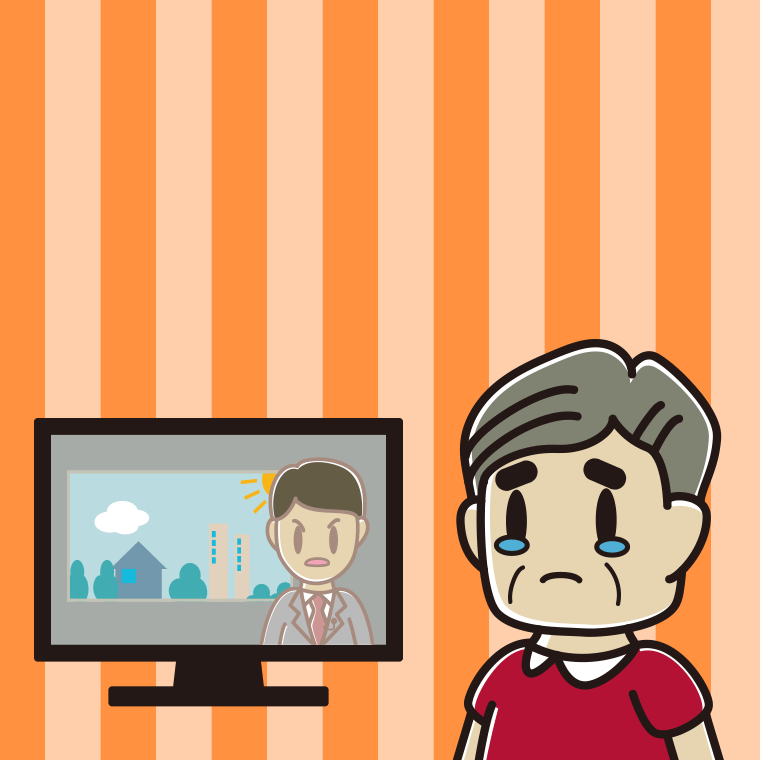 テレビを見て泣くおじさんのイラスト【色、背景あり】PNG