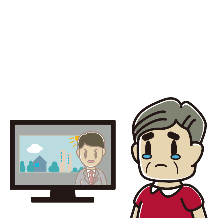 テレビを見て泣くおじさんのイラスト【色あり、背景なし】透過PNG