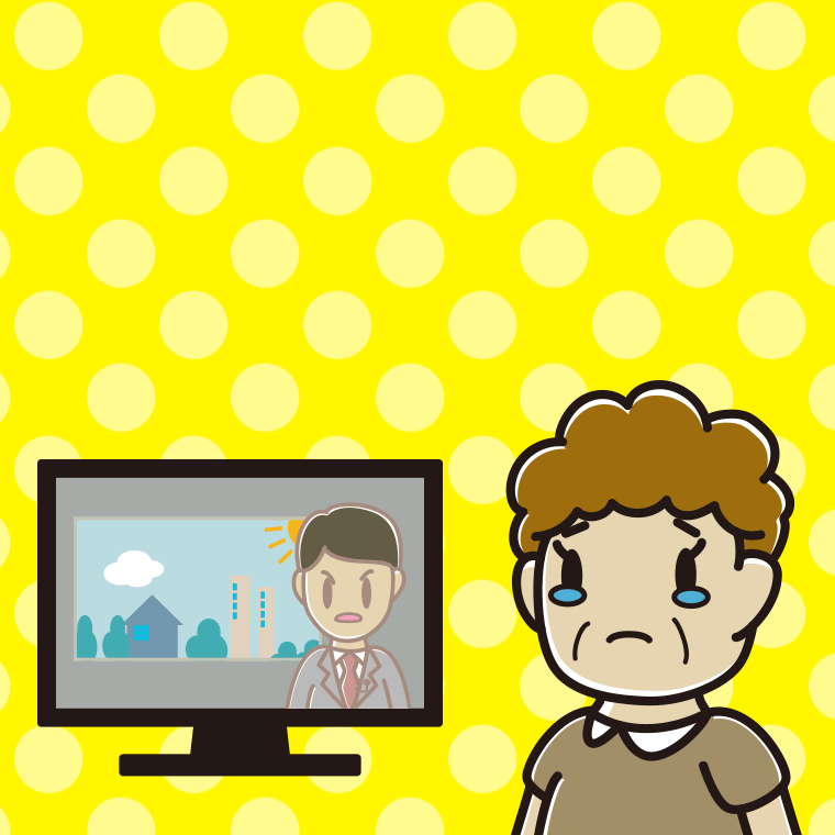 テレビを見て泣くおばさんのイラスト【色、背景あり】PNG