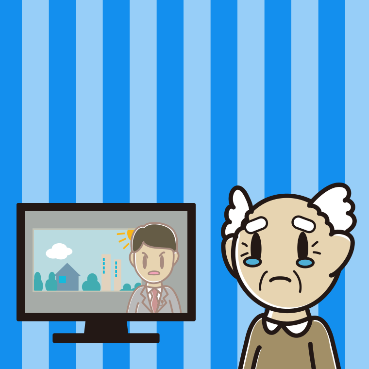 テレビを見て泣くおじいさんのイラスト【色、背景あり】PNG