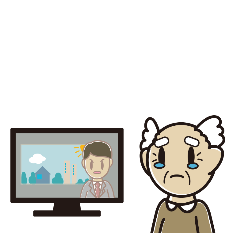 テレビを見て泣くおじいさんのイラスト【色あり、背景なし】透過PNG