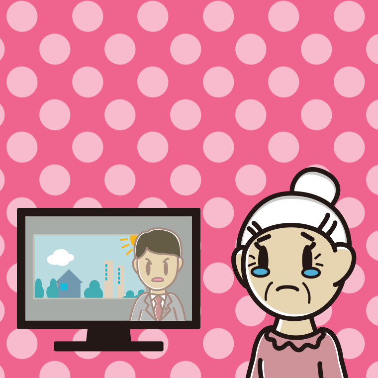 テレビを見て泣くおばあさんのイラスト【色、背景あり】PNG