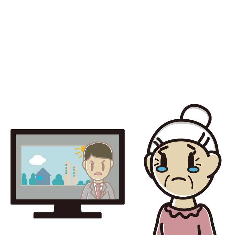 テレビを見て泣くおばあさんのイラスト【色あり、背景なし】透過PNG