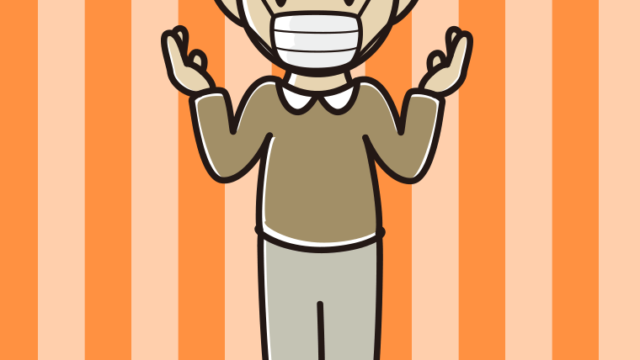 マスクをして話すおじいさんのイラスト【色、背景あり】PNG