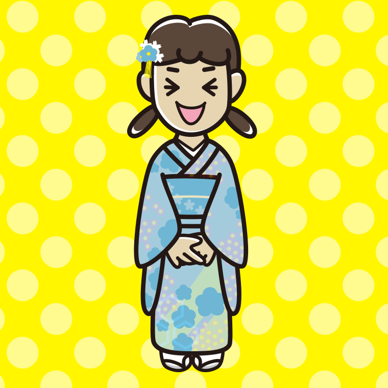 笑う晴れ着姿の女子中学生のイラスト【色、背景あり】PNG
