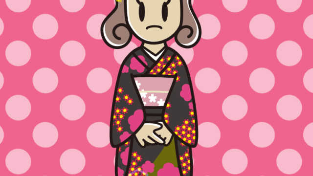 困る晴れ着姿の女子大学生のイラスト【色、背景あり】PNG