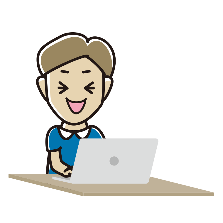 パソコン使用中に笑う男性のイラスト【色あり、背景なし】透過PNG