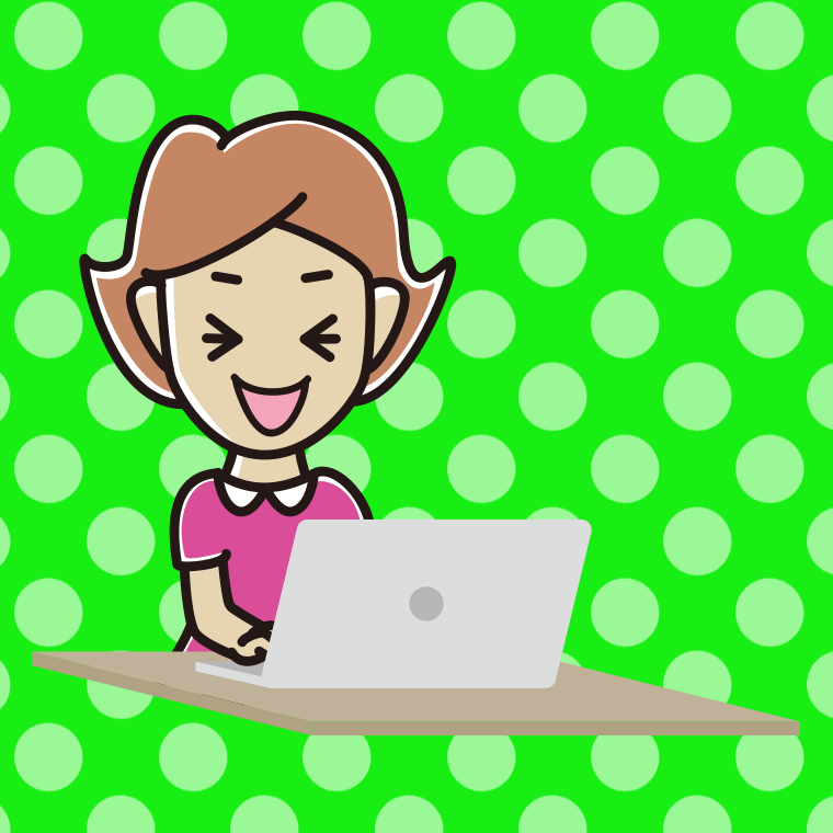 パソコン使用中に笑う女性のイラスト【色、背景あり】PNG