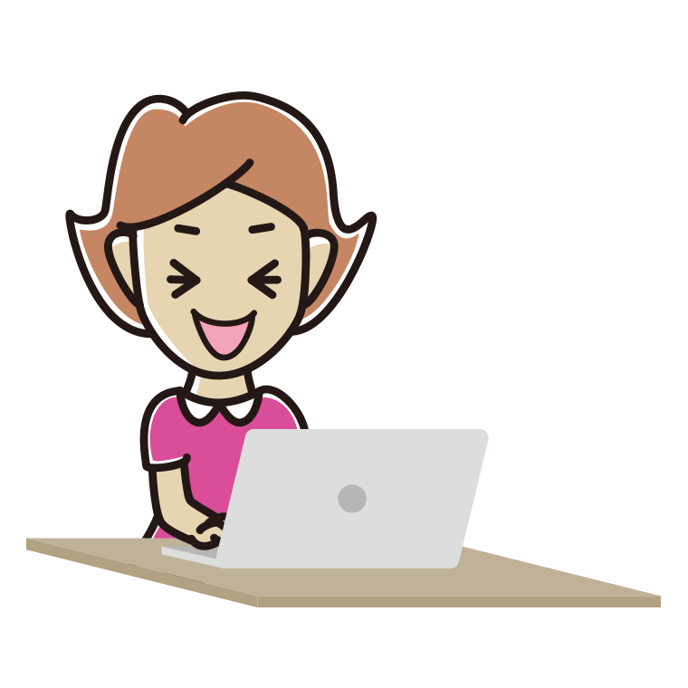 パソコン使用中に笑う女性のイラスト【色あり、背景なし】透過PNG
