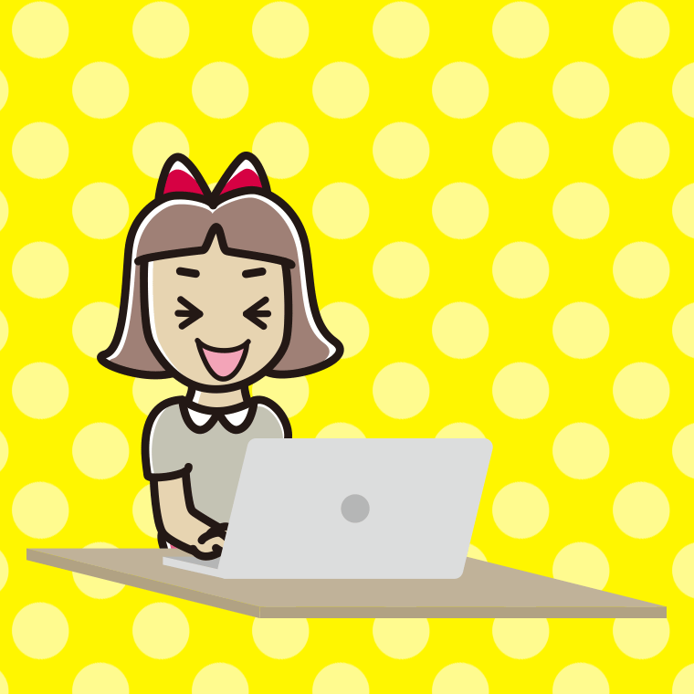 パソコン使用中に笑う小学生女子のイラスト【色、背景あり】PNG