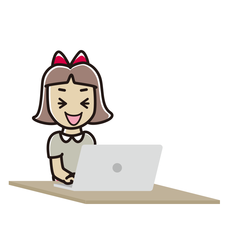 パソコン使用中に笑う小学生女子のイラスト【色あり、背景なし】透過PNG