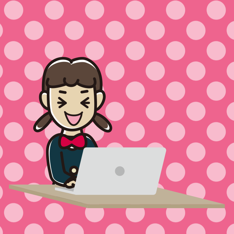 パソコン使用中に笑う女子中学生のイラスト【色、背景あり】PNG
