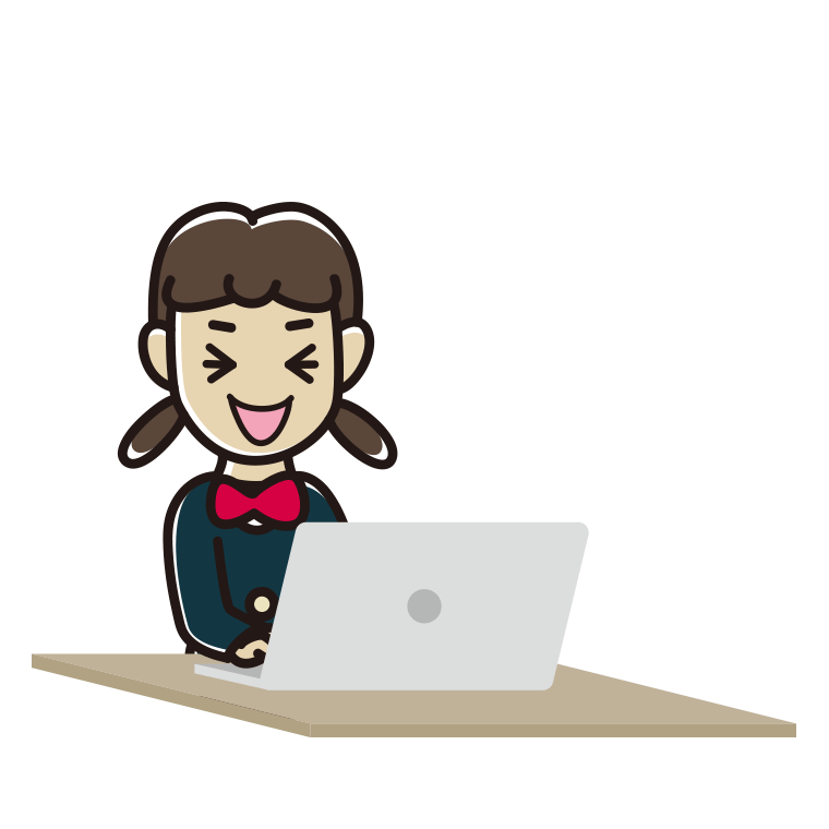 パソコン使用中に笑う女子中学生のイラスト【色あり、背景なし】透過PNG