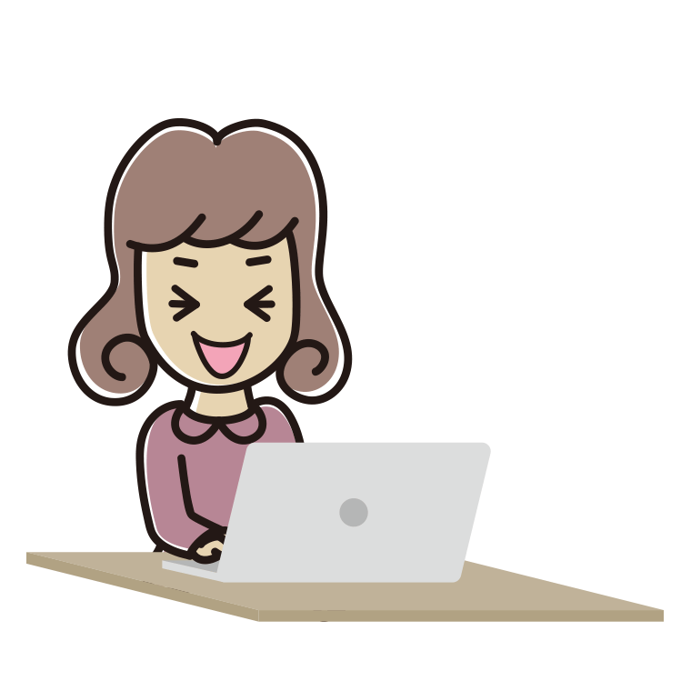 パソコン使用中に笑う女子大学生のイラスト【色あり、背景なし】透過PNG