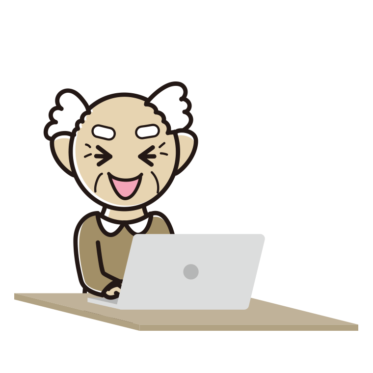 パソコン使用中に笑うおじいさんのイラスト【色あり、背景なし】透過PNG