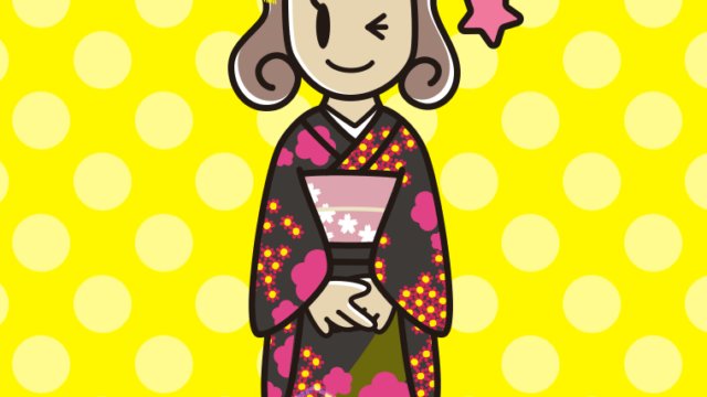 ウインクする晴れ着姿の女子大学生のイラスト【色、背景あり】PNG