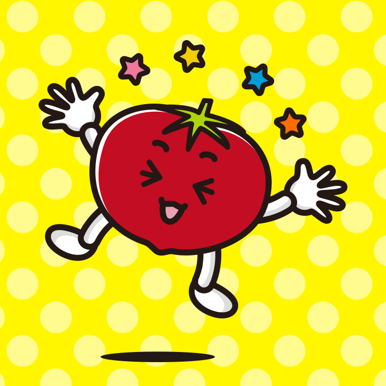 喜ぶトマトちゃんのイラスト【色、背景あり】PNG