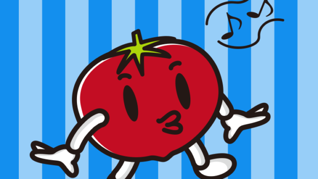 口笛を吹くトマトちゃんのイラスト【色、背景あり】PNG