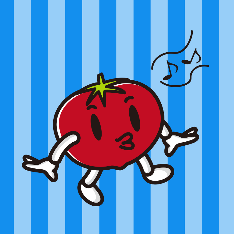 口笛を吹くトマトちゃんのイラスト【色、背景あり】PNG