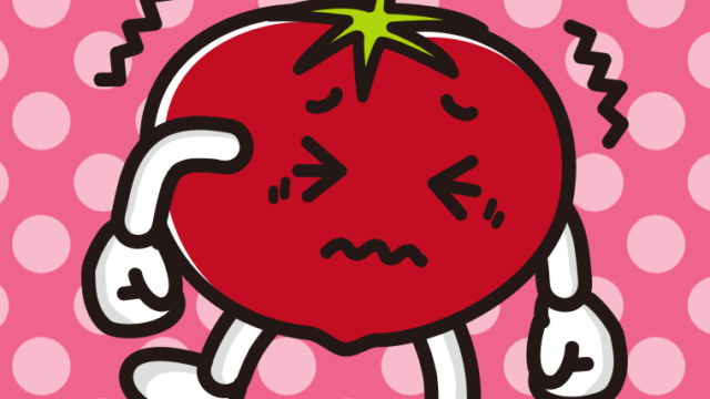 ブルブル震えるトマトちゃんのイラスト【色、背景あり】PNG