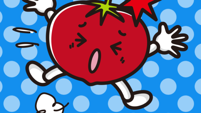 ぶつかるトマトちゃんのイラスト【色、背景あり】PNG