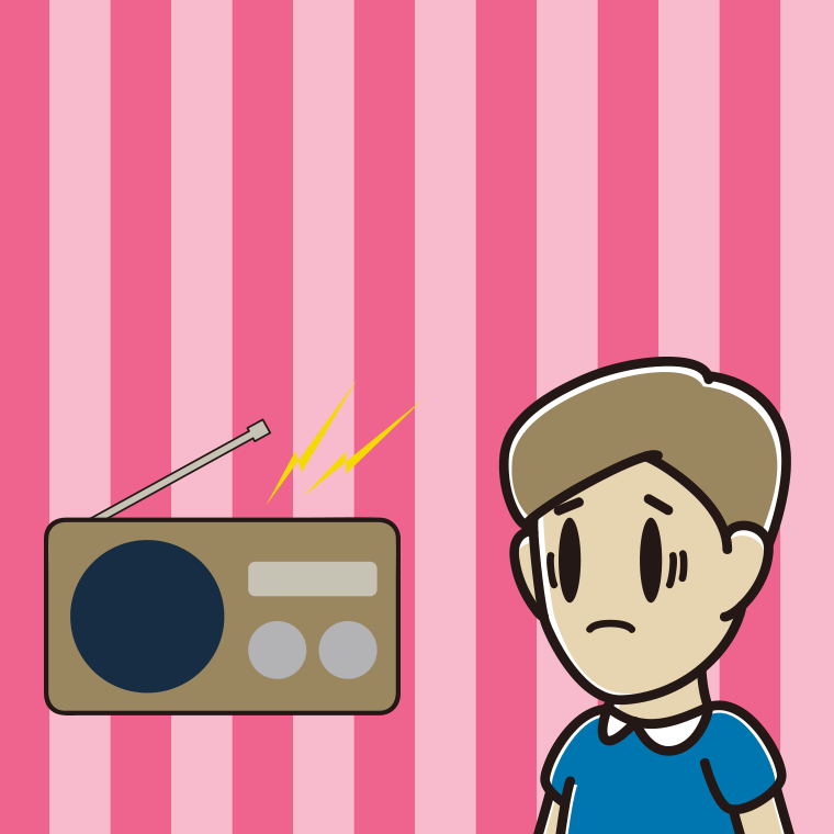 ラジオを聴いて困る男性のイラスト【色、背景あり】PNG