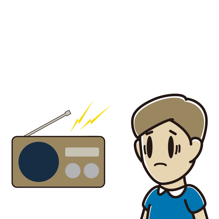 ラジオを聴いて困る男性のイラスト【色あり、背景なし】透過PNG
