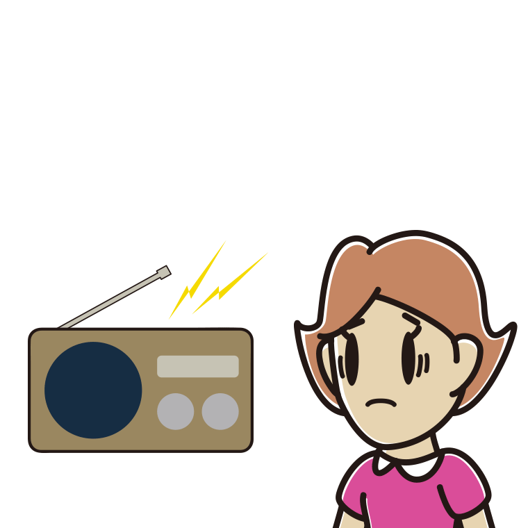 ラジオを聴いて困る女性のイラスト【色あり、背景なし】透過PNG