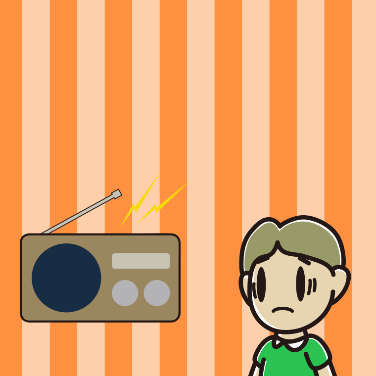 ラジオを聴いて困る小学生男子のイラスト【色、背景あり】PNG