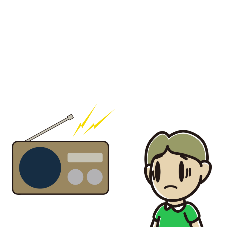ラジオを聴いて困る小学生男子のイラスト【色あり、背景なし】透過PNG