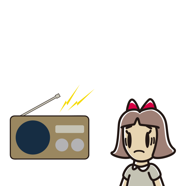 ラジオを聴いて困る小学生女子のイラスト【色あり、背景なし】透過PNG
