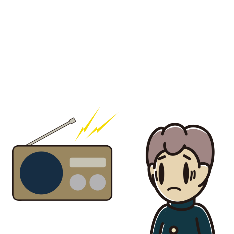 ラジオを聴いて困る男子中学生のイラスト【色あり、背景なし】透過PNG