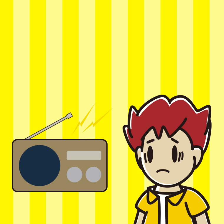 ラジオを聴いて困る男子大学生のイラスト【色、背景あり】PNG