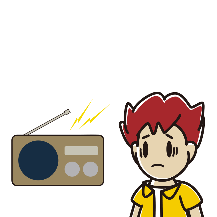 ラジオを聴いて困る男子大学生のイラスト【色あり、背景なし】透過PNG