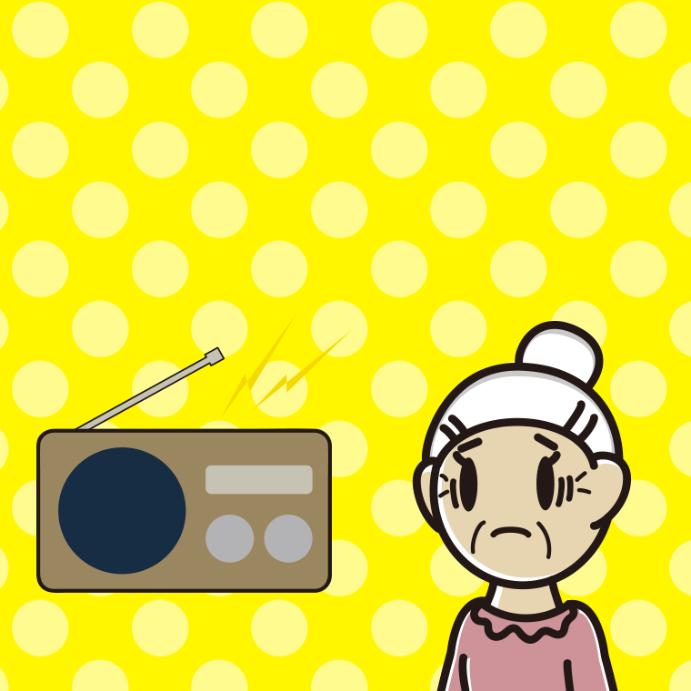 ラジオを聴いて困るおばあさんのイラスト【色、背景あり】PNG