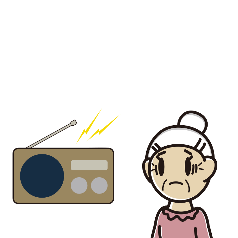 ラジオを聴いて困るおばあさんのイラスト【色あり、背景なし】透過PNG