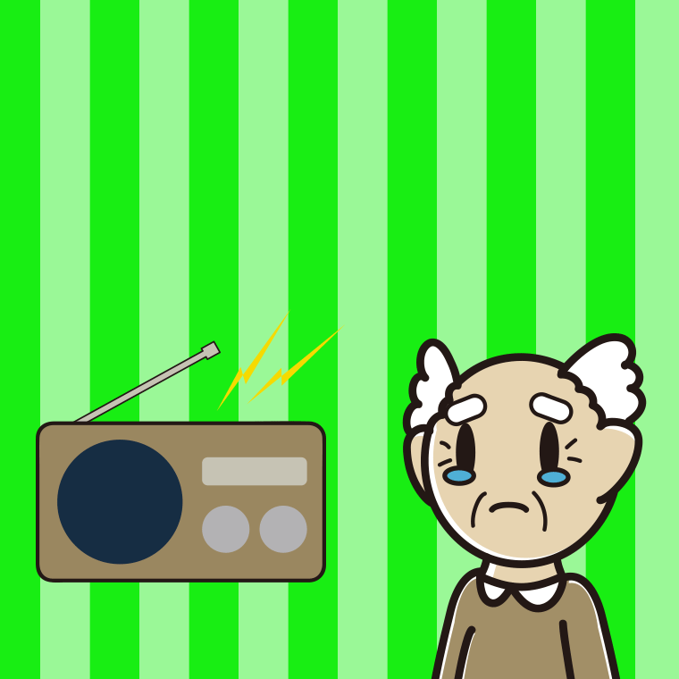 ラジオを聴いて泣くおじいさんのイラスト【色、背景あり】PNG