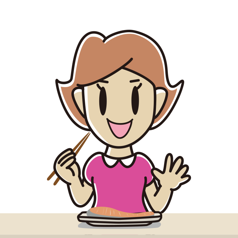 焼き鮭を食べる女性のイラスト【色あり、背景なし】透過PNG