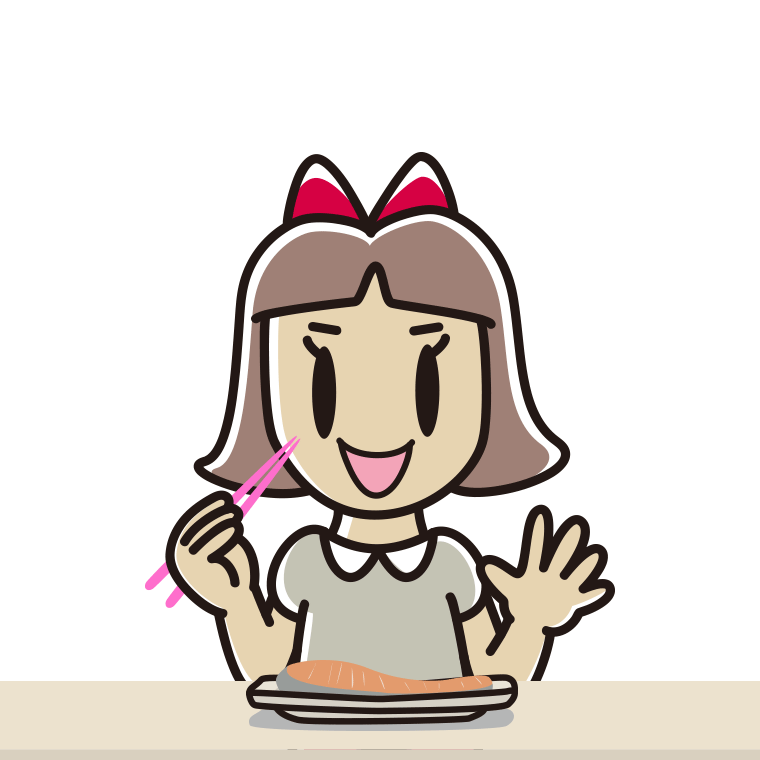 焼き鮭を食べる小学生女子のイラスト【色あり、背景なし】透過PNG