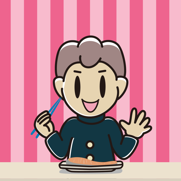焼き鮭を食べる男子中学生のイラスト【色、背景あり】PNG