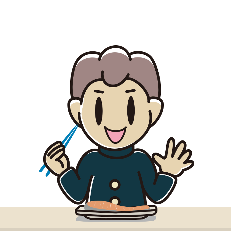 焼き鮭を食べる男子中学生のイラスト【色あり、背景なし】透過PNG