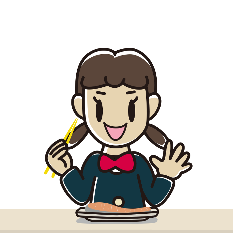 焼き鮭を食べる女子中学生のイラスト【色あり、背景なし】透過PNG