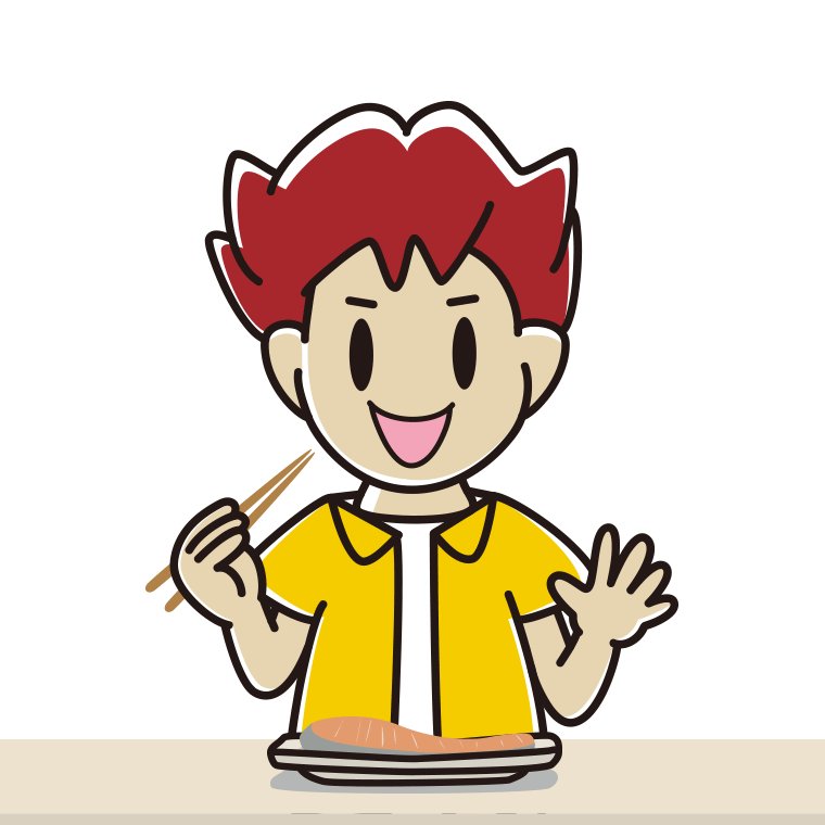 焼き鮭を食べる男子大学生のイラスト【色あり、背景なし】透過PNG