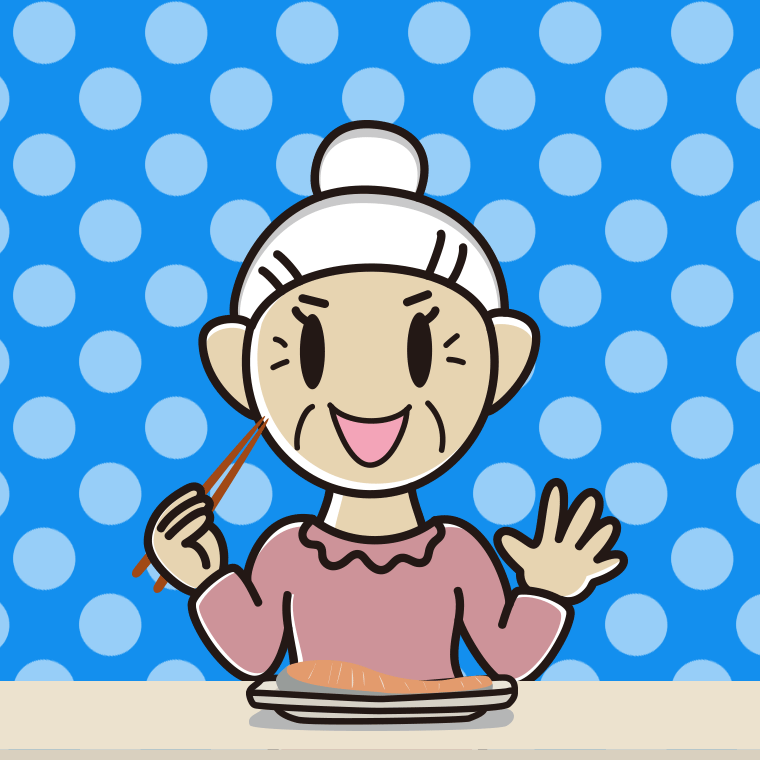 焼き鮭を食べるおばあさんのイラスト【色、背景あり】PNG