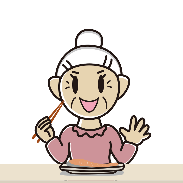 焼き鮭を食べるおばあさんのイラスト【色あり、背景なし】透過PNG