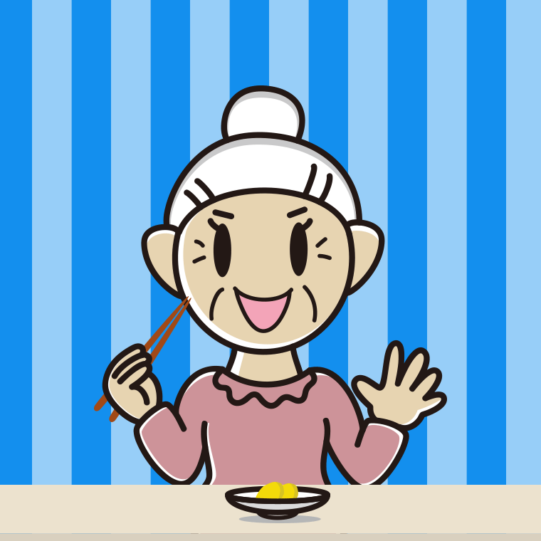たくあんを食べるおばあさんのイラスト【色、背景あり】PNG