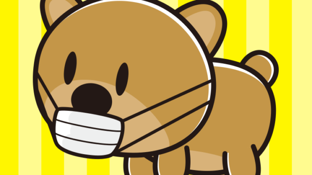 マスクをするクマちゃんのイラスト【色、背景あり】PNG