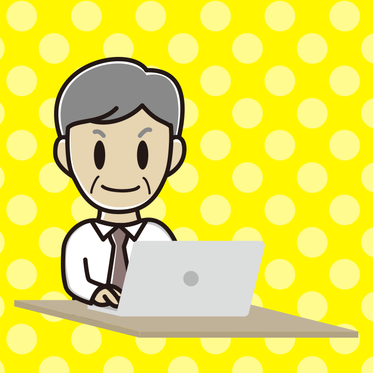 パソコンを使う年配男性会社員（ワイシャツ）のイラスト【色、背景あり】PNG