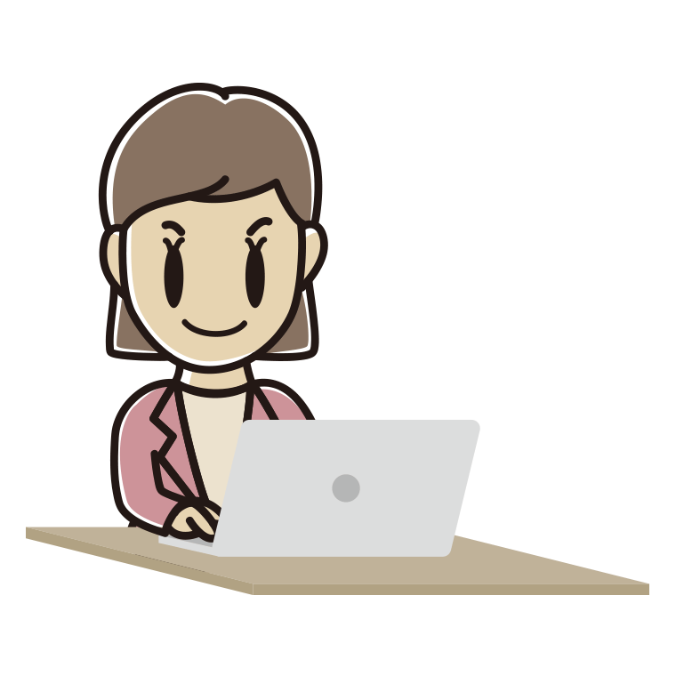 パソコンを使う女性会社員（カジュアル）のイラスト【色あり、背景なし】透過PNG