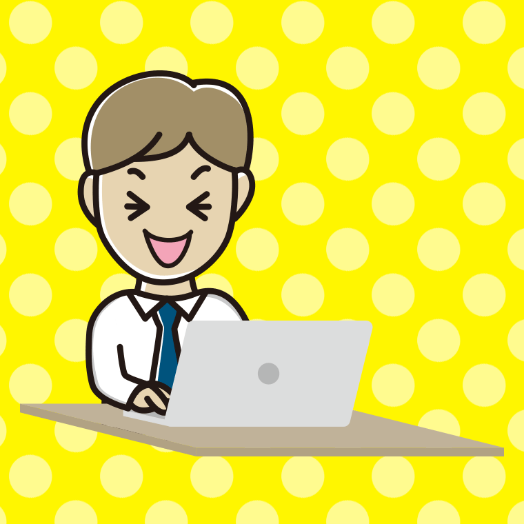 パソコン使用中に笑う男性会社員（ワイシャツ）のイラスト【色、背景あり】PNG